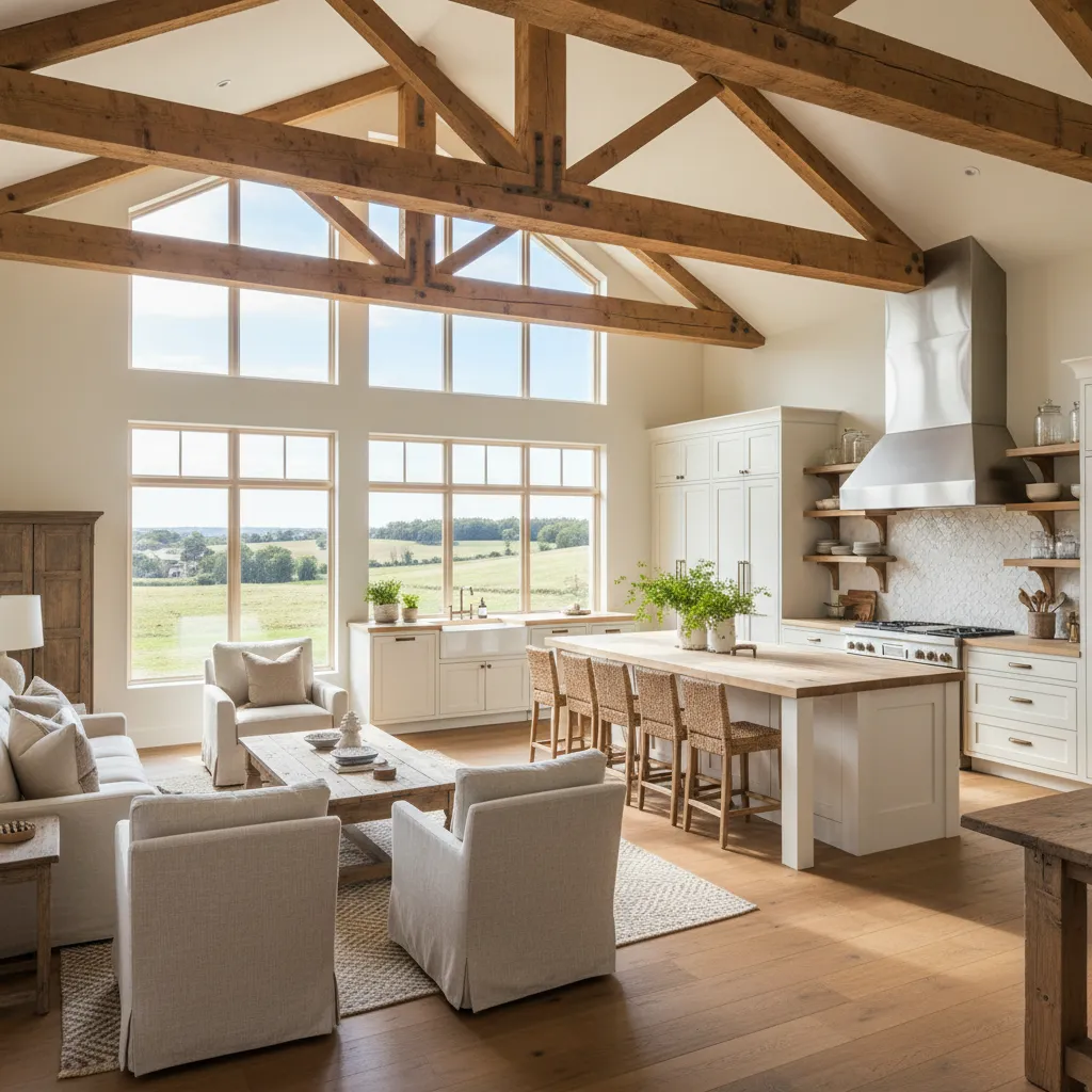 Interior luminoso de casa de campo con cocina abierta