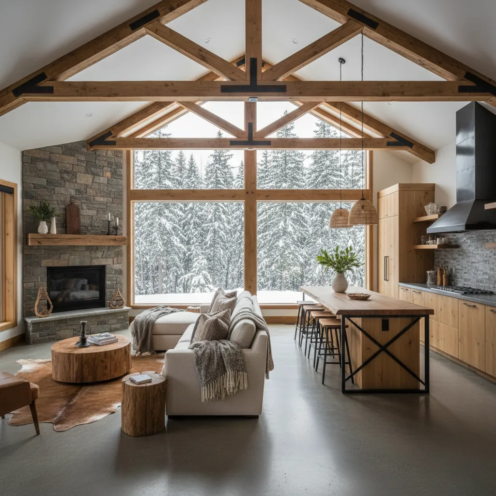Modern open living room with stone fireplace sofa wood beams and large windows showing snow