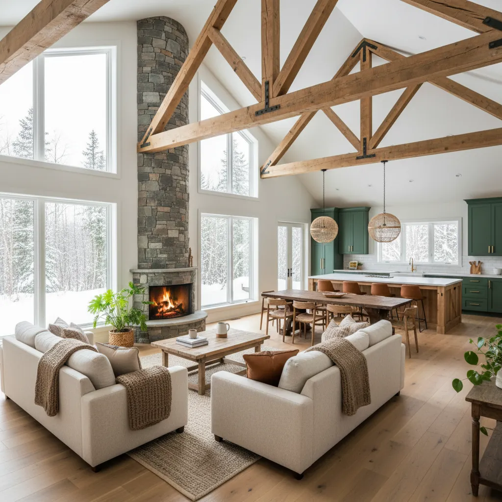 Interior luminoso de casa canadiense con ventanales grandes