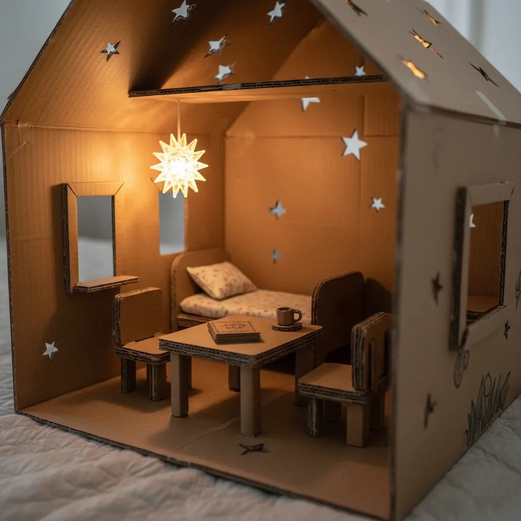 Interior creativo de una casa de cartón con divisiones