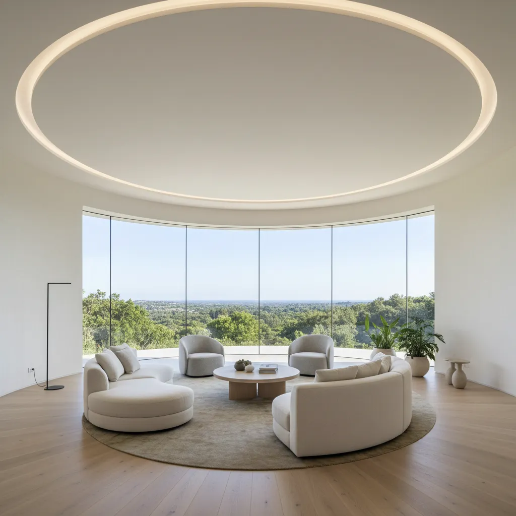 Interior de salón en casa circular con paredes curvas y ventanas panorámicas