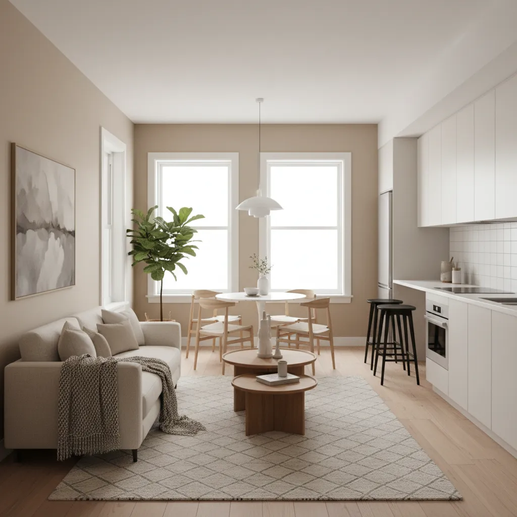 Interior de casa pequeña con sala comedor y cocina integrados