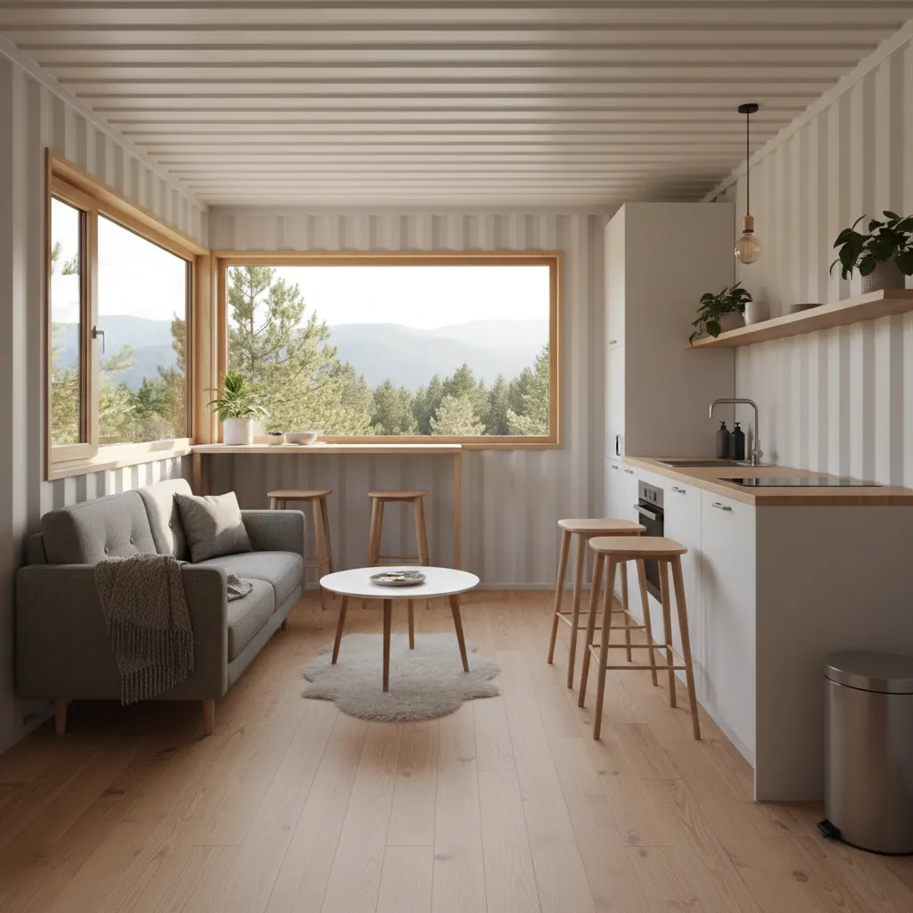 Interior de casa contenedor con distribución abierta