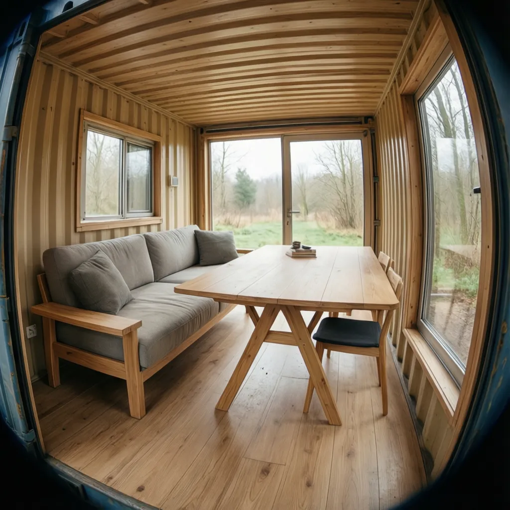 Interior de casa contenedor con muebles multifuncionales