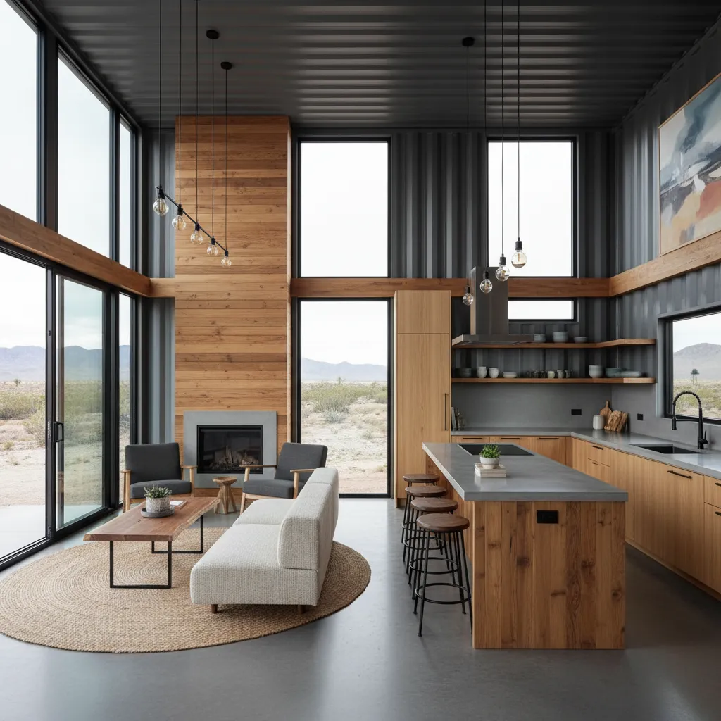 Interior moderno de una casa hecha con contenedor marítimo