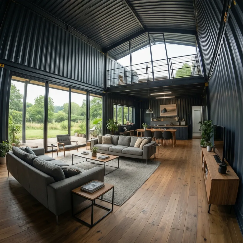 Industrial interior design drawing of shipping container home with grey sofas wooden floor and large windows
