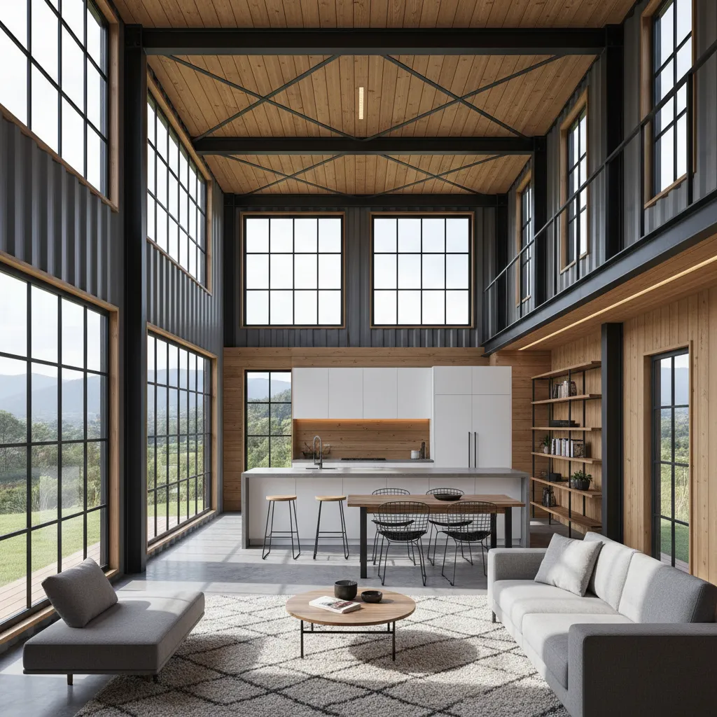 Interior moderno de una casa contenedor con cocina abierta y grandes ventanas
