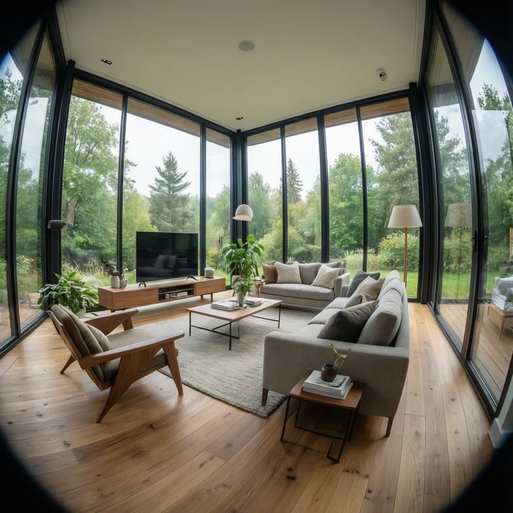 Interior de casa cúbica con salón abierto y grandes ventanales