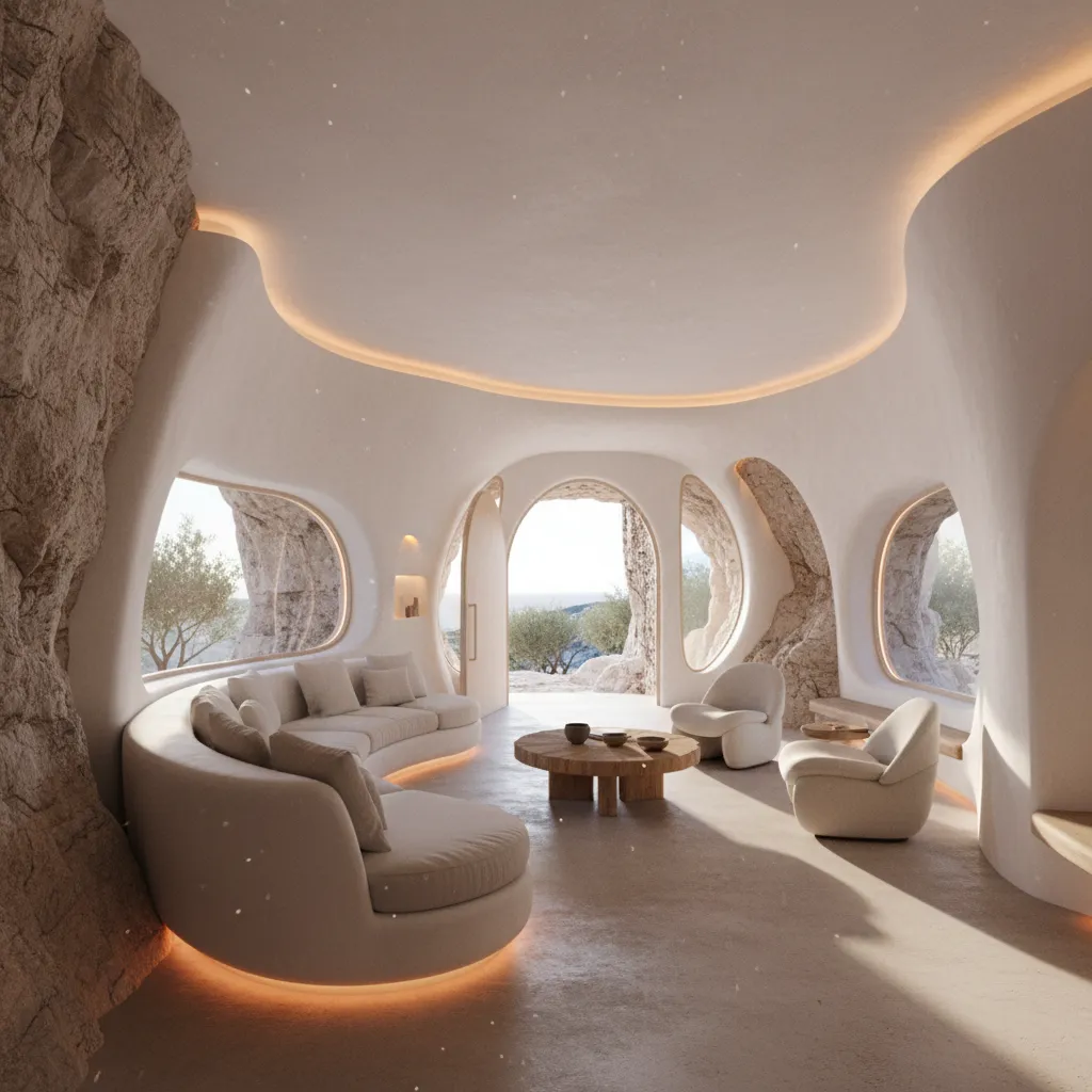 Salón interior de una casa cueva con paredes curvas blancas