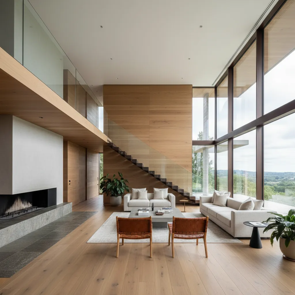 Modern open living room with wooden walls white sofas glass windows fireplace and wooden stairs