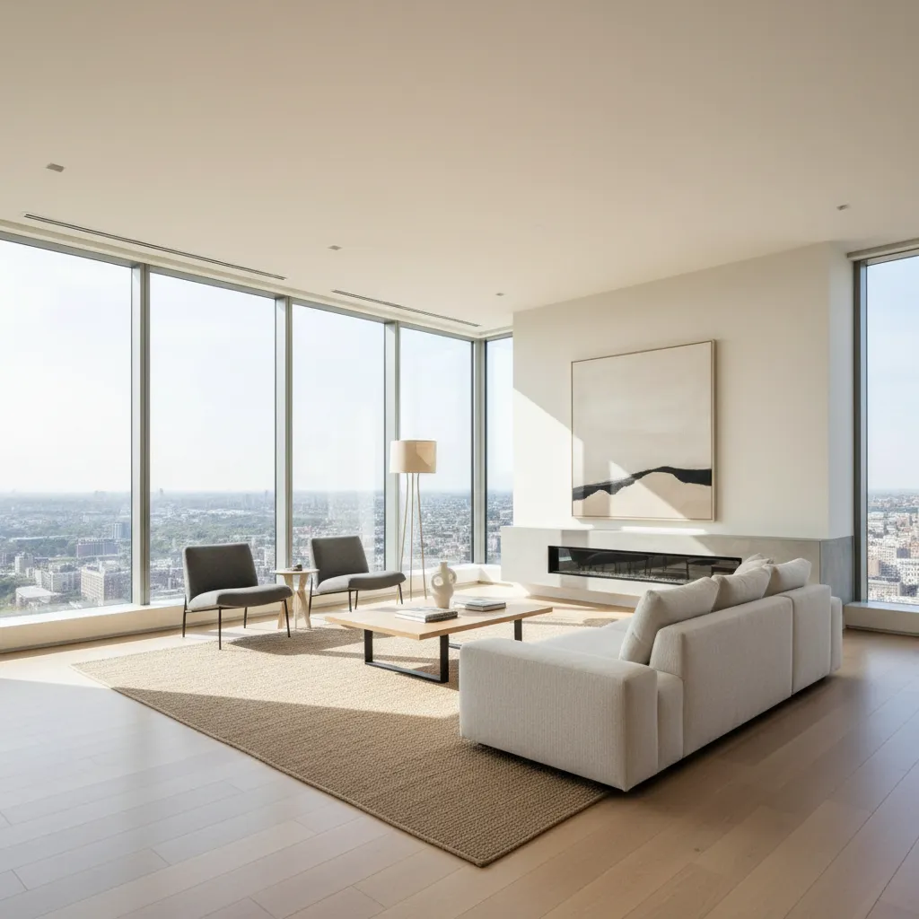 Modern minimalist living room with white sofa, gray chairs, large windows, city view, wood floor