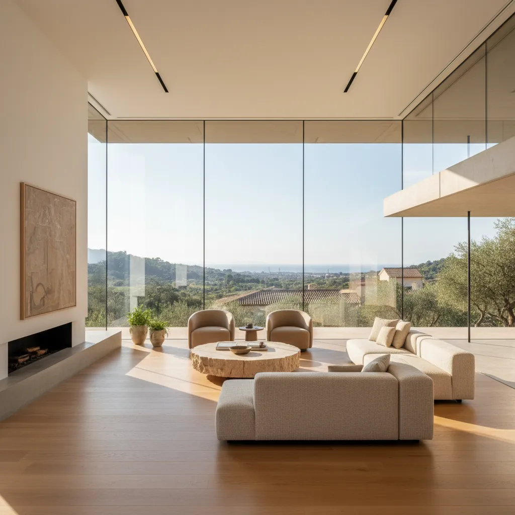 Interior de casa de diseño con salón abierto y grandes ventanales