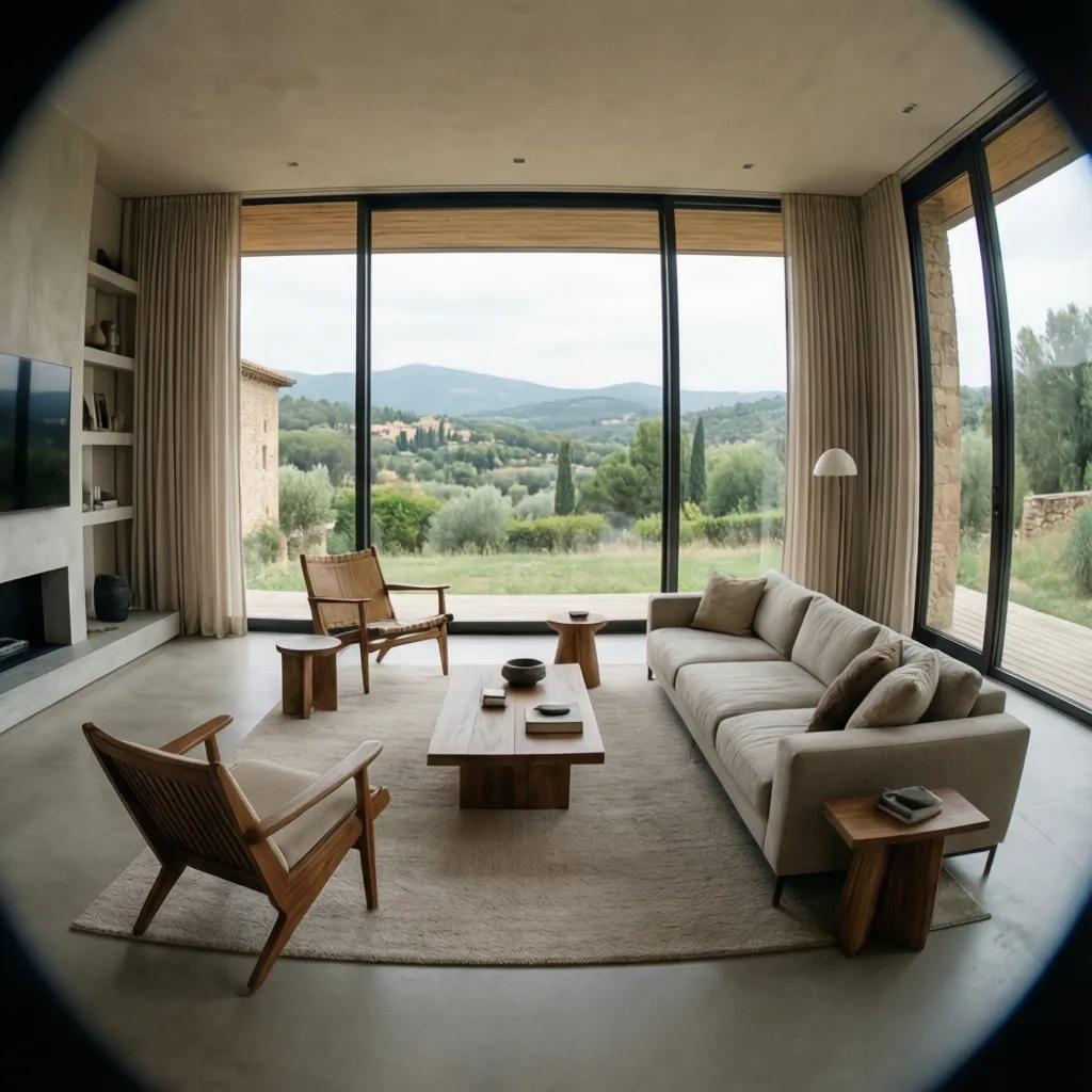 Salón amplio de una casa moderna en Girona con ventanales y vista al paisaje