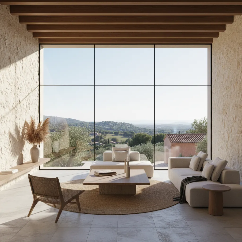 Salón moderno de una casa de diseño en Granada con grandes ventanales