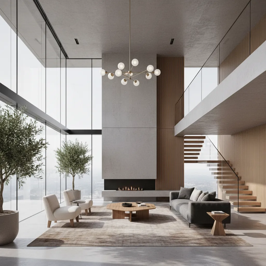Interior de salón moderno con doble altura y ventanales grandes