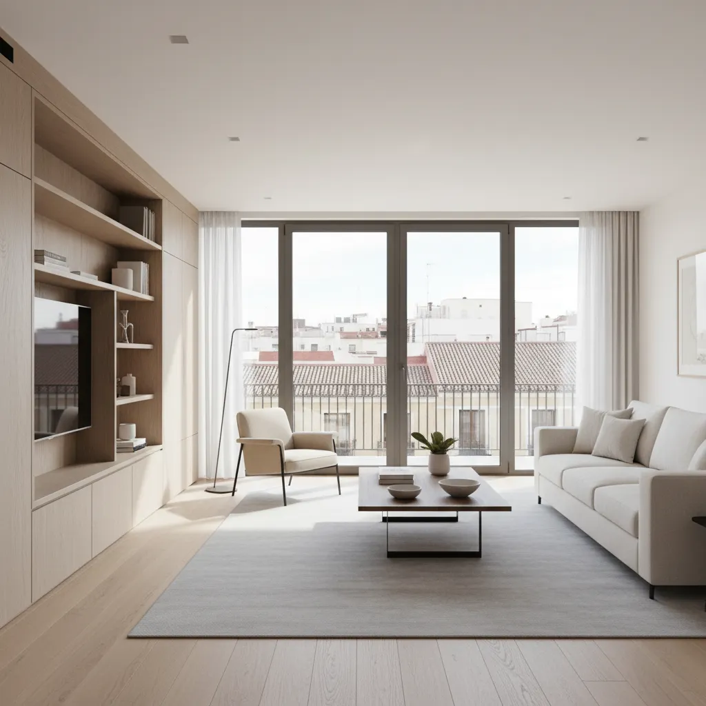 Salón moderno de una casa de diseño en Madrid con grandes ventanales