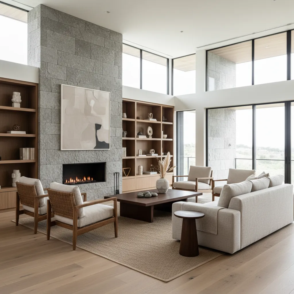 Interior de una casa moderna personalizada con salón abierto y grandes ventanales
