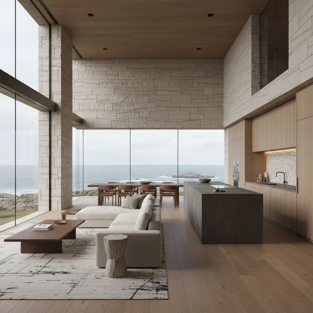 Interior de una casa de diseño con salón abierto y cocina integrada