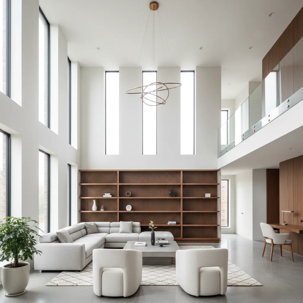 Sala moderna con doble altura en una casa de dos pisos