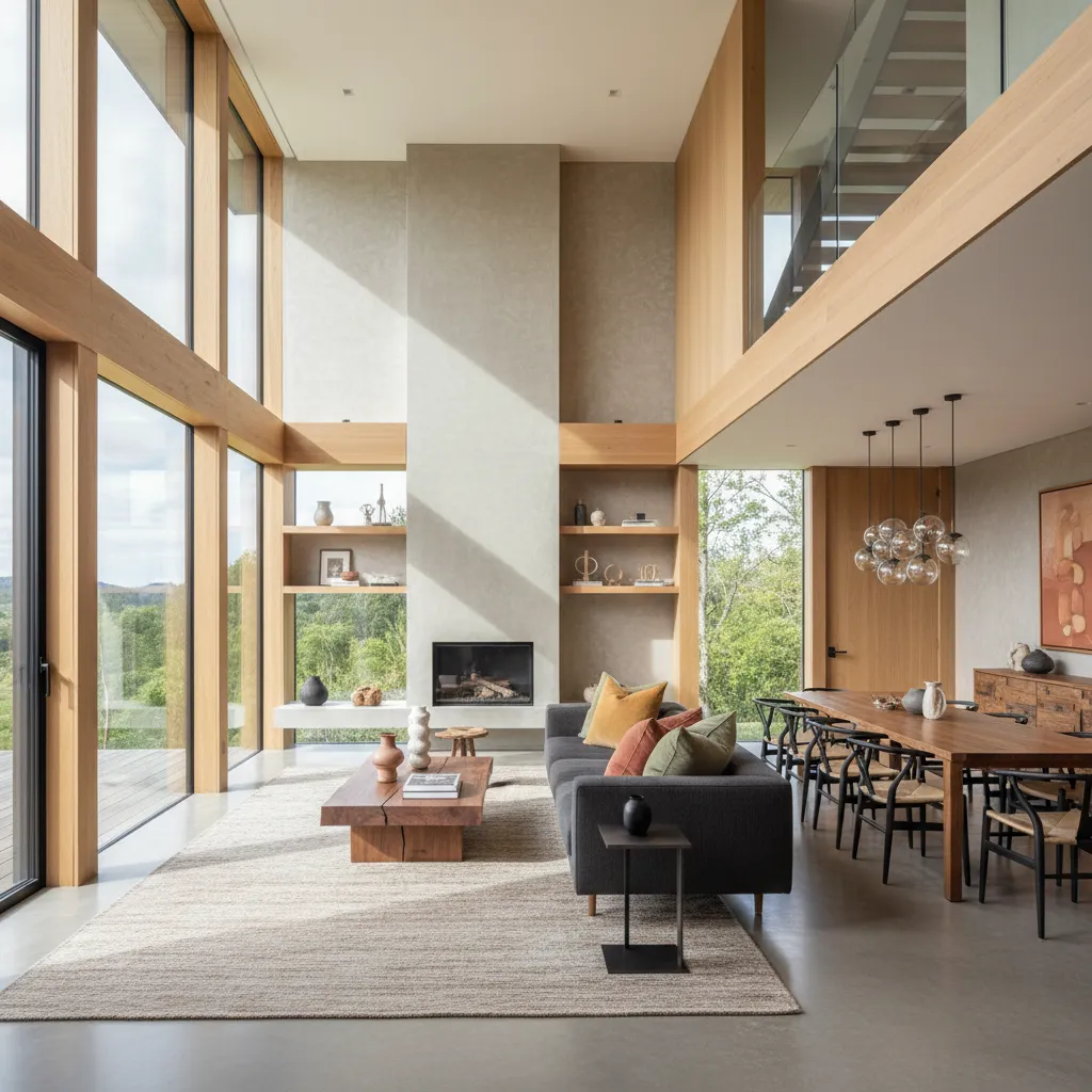 Sala moderna de una casa de dos niveles con iluminación natural