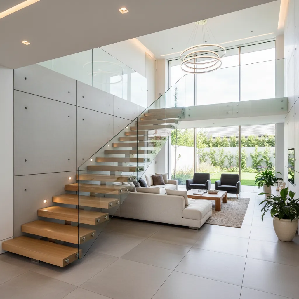 Interior de casa moderna de dos pisos con escalera central