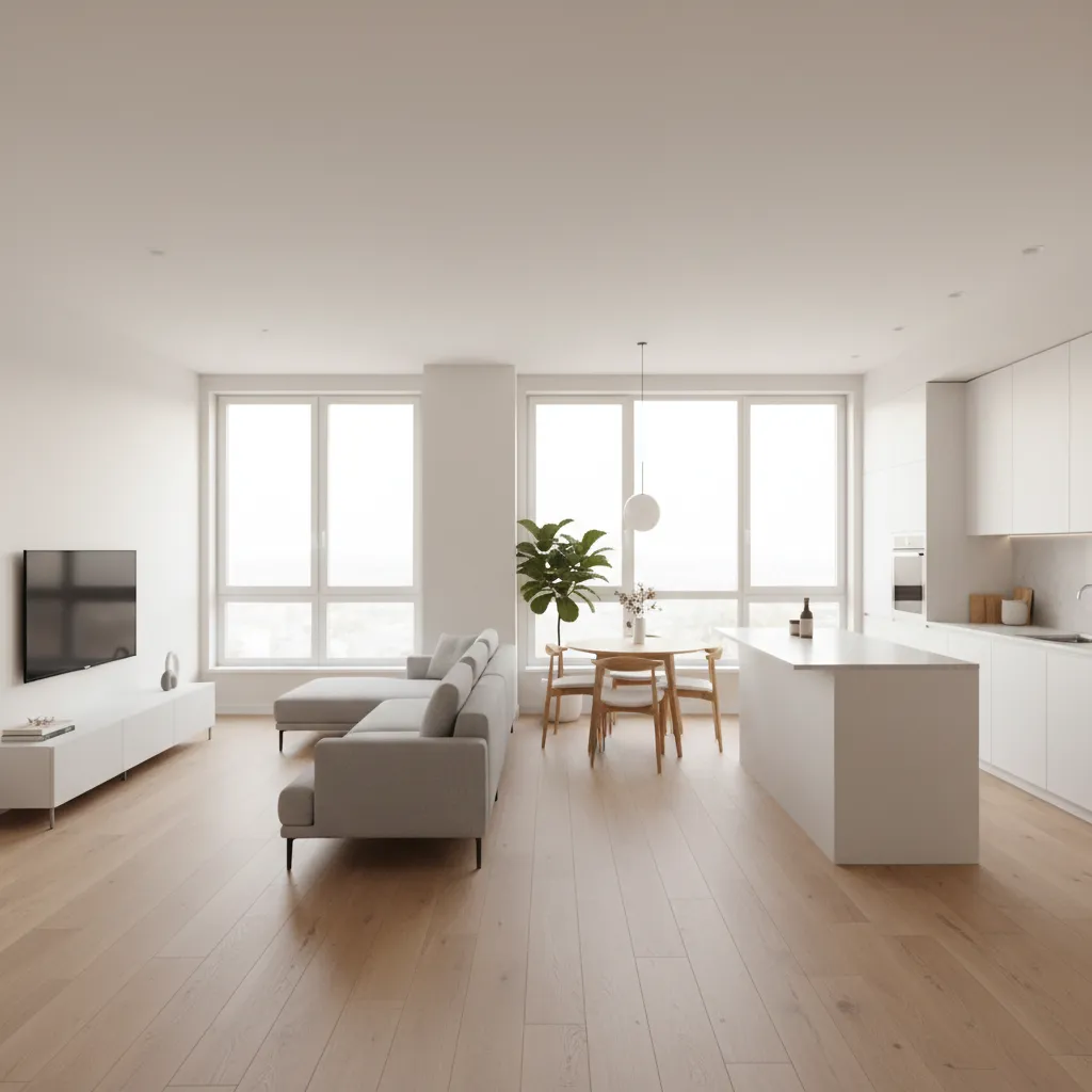 Interior de casa con sala comedor y cocina en espacio abierto