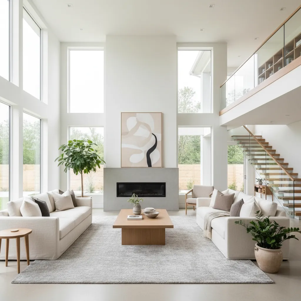 Interior luminoso de casa de dos plantas con ventanas grandes