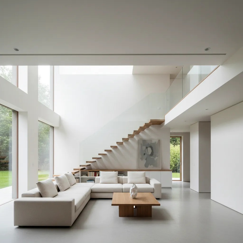 Modern white living room with a large sofa wooden coffee table and floating wooden stairs