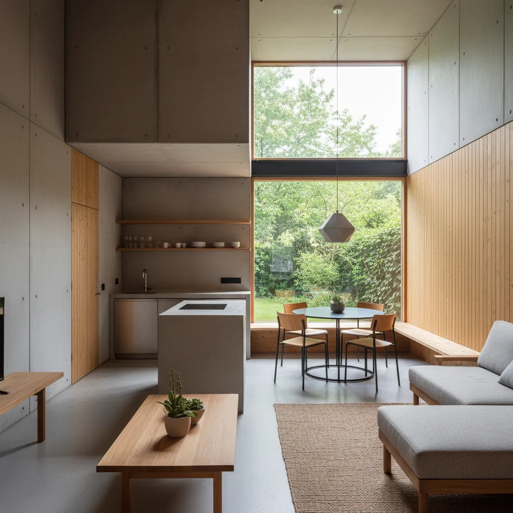 Interior moderno de una casa económica con cocina y sala integradas