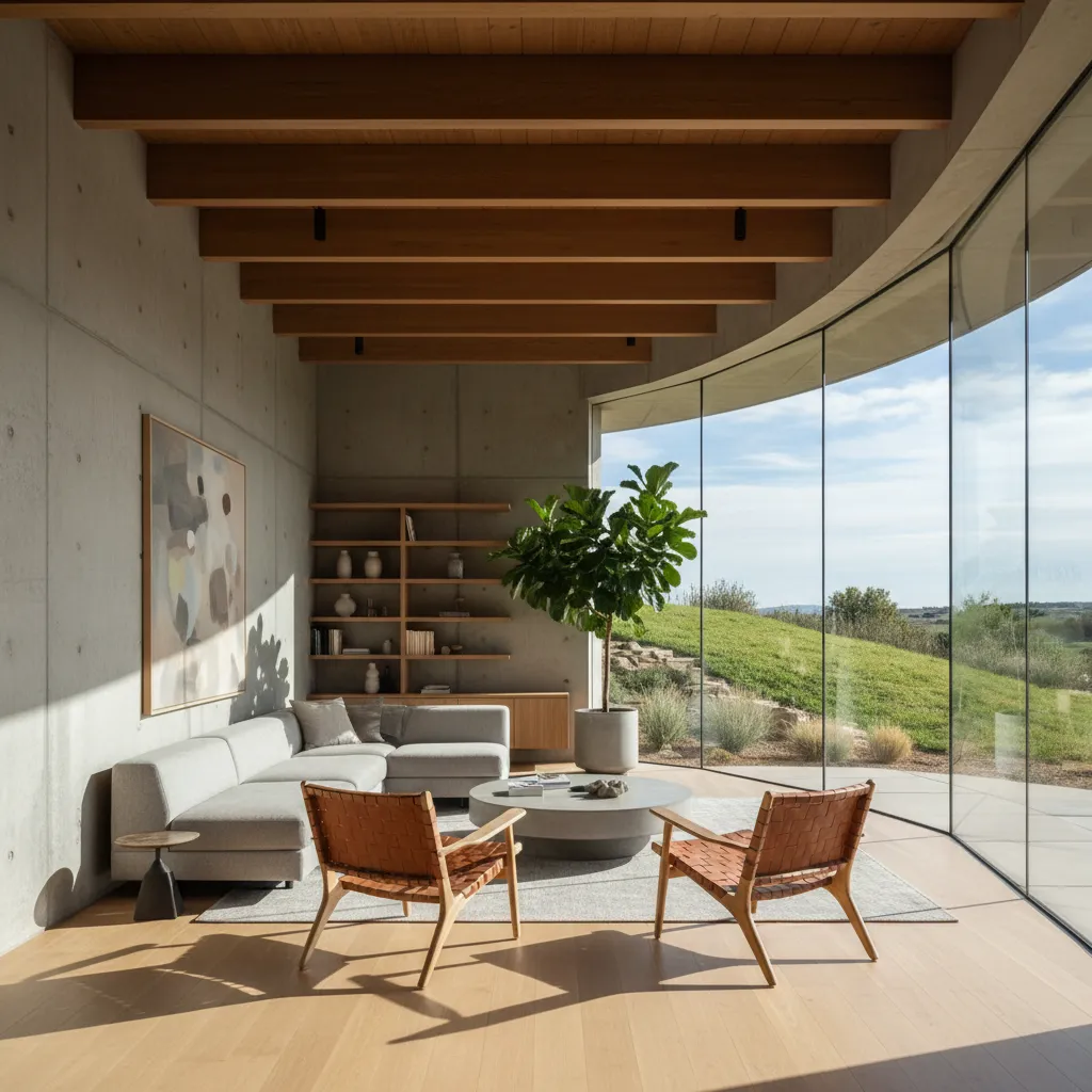 Interior luminoso de una casa enterrada con grandes ventanas hacia un patio