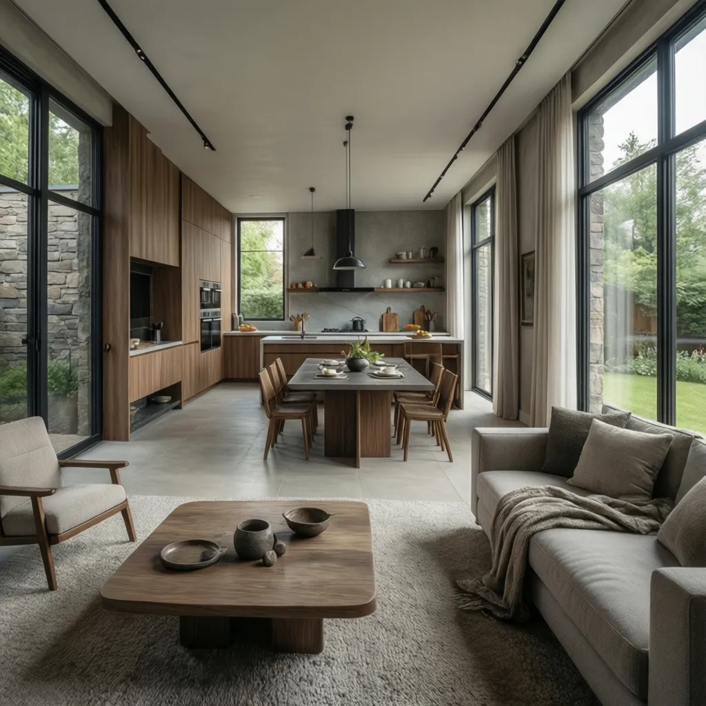 Interior de casa con sala comedor y cocina integrados