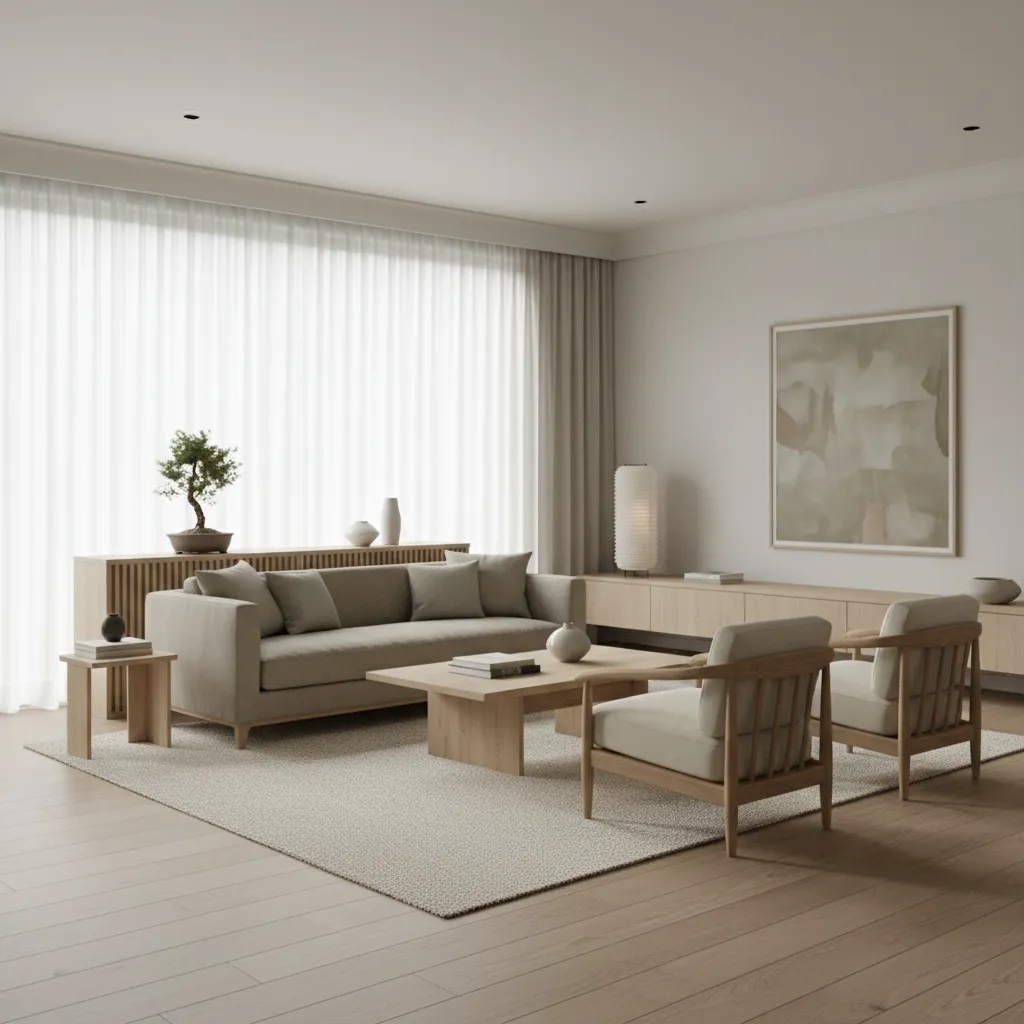 Interior de casa estilo japandi con madera clara y decoración minimalista