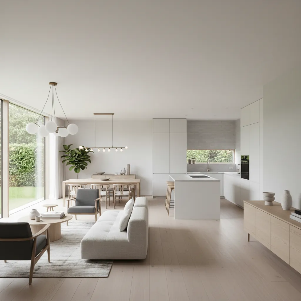 Interior de casa estrecha con sala comedor y cocina abierta