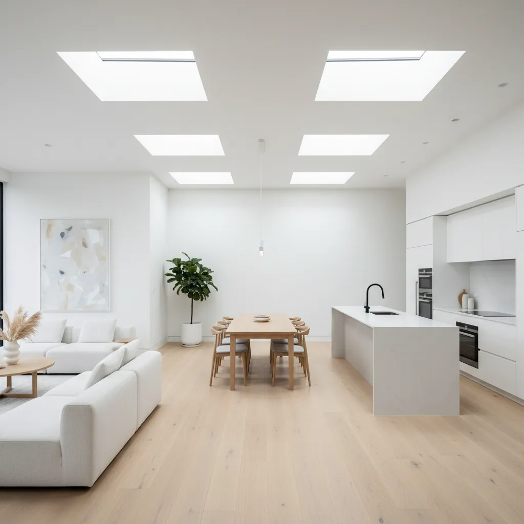 Interior moderno de una casa estrecha con diseño abierto