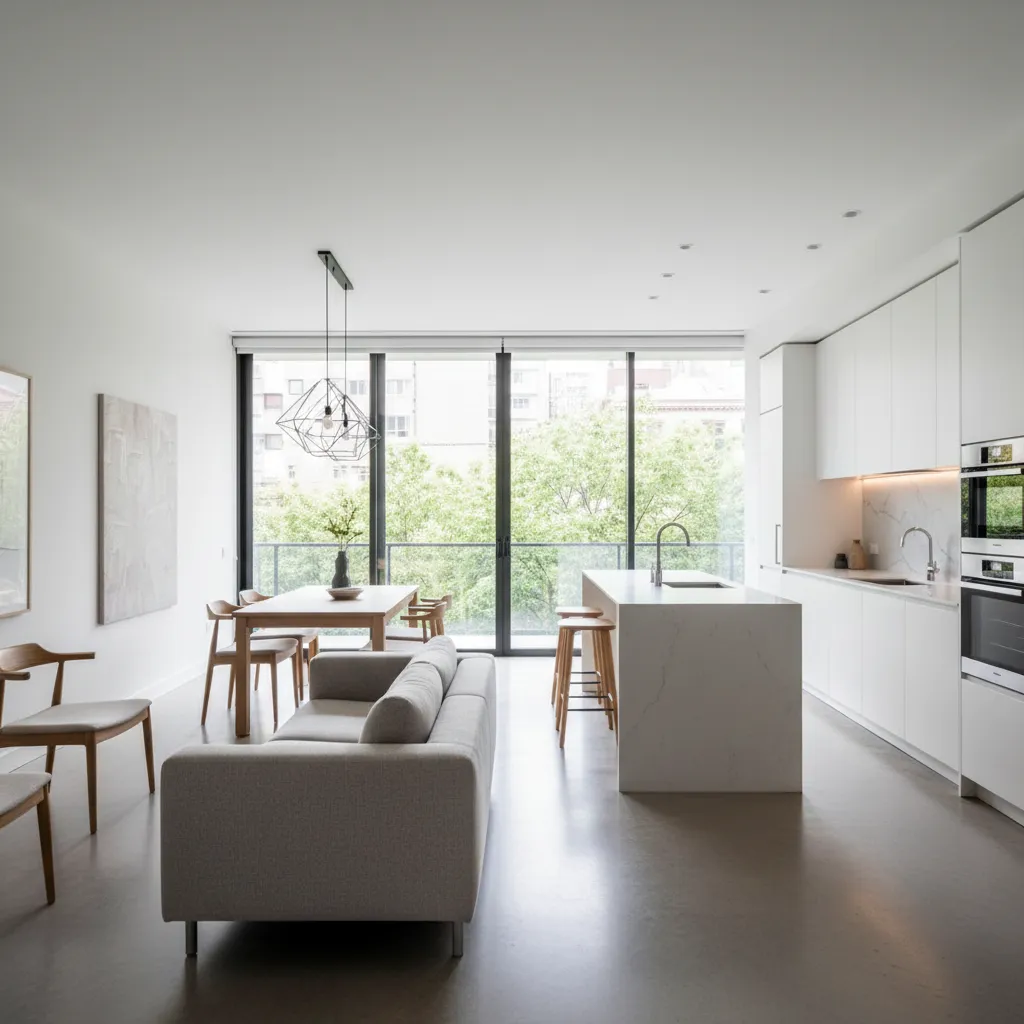 Interior luminoso de casa estrecha con espacios abiertos