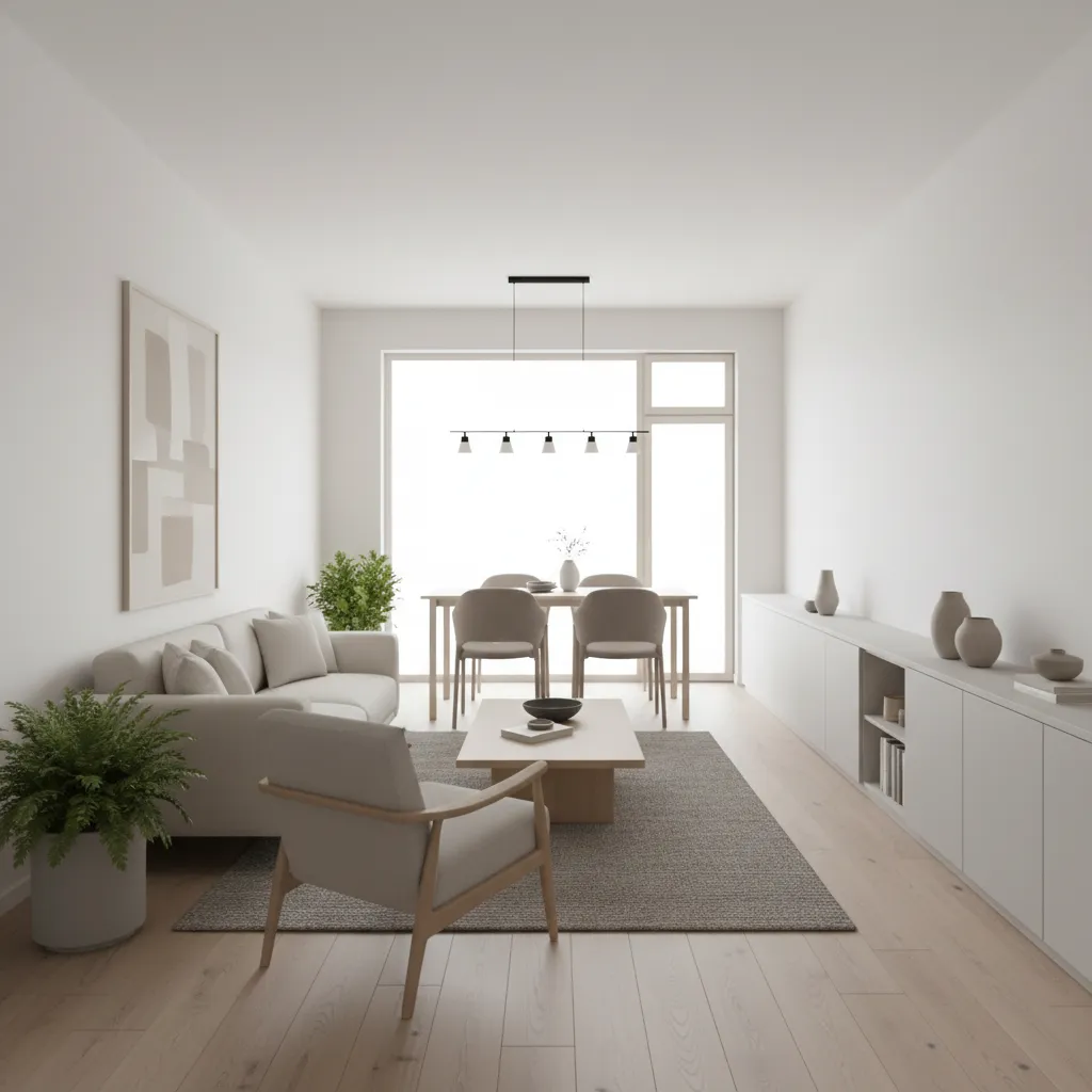 Minimalist living room with beige sofa wooden armchair dining table grey rug and ceiling light