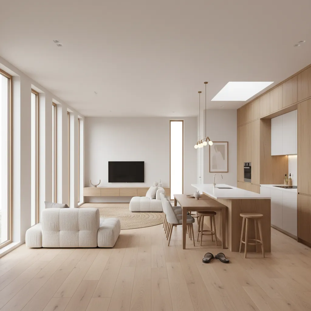Interior de casa moderna estrecha con sala comedor integrados