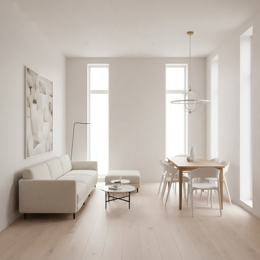 Sala y comedor integrados en casa de terreno estrecho