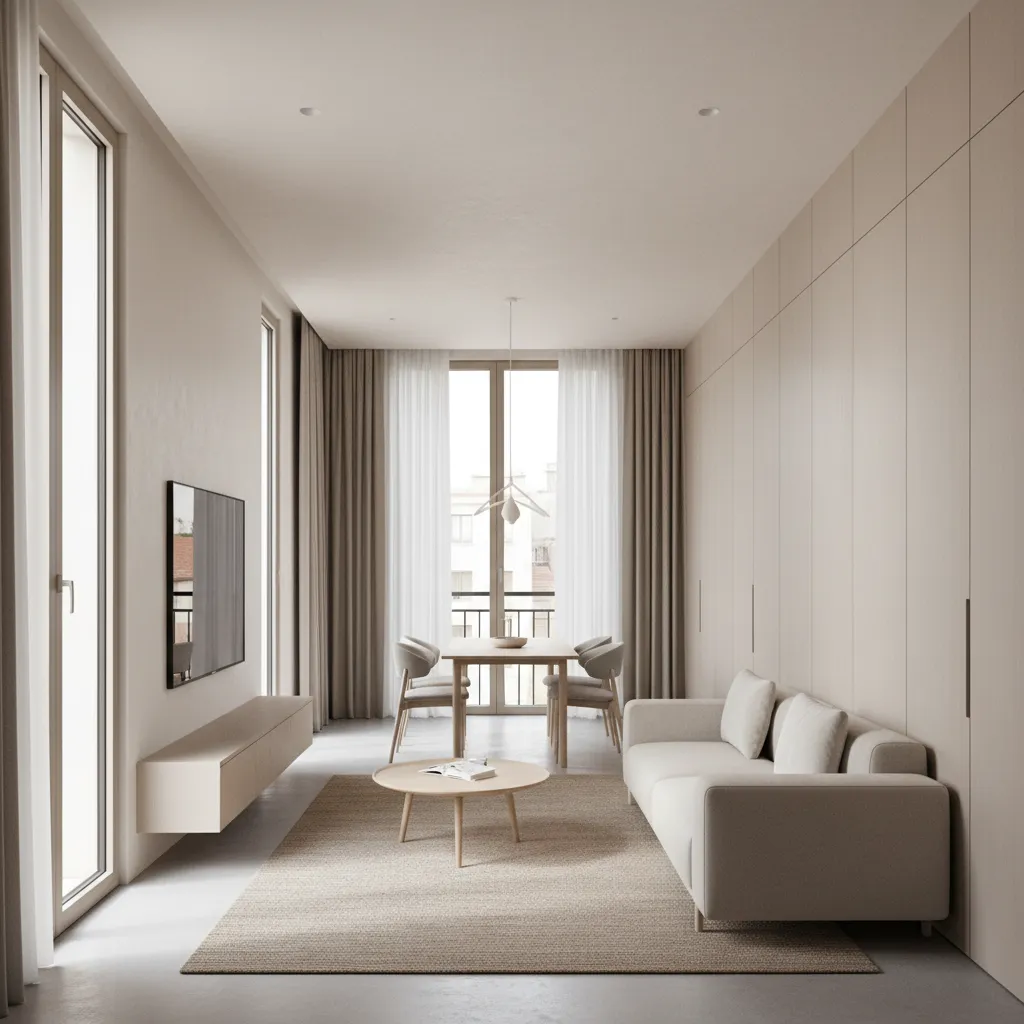 Sala comedor integrada en casa estrecha