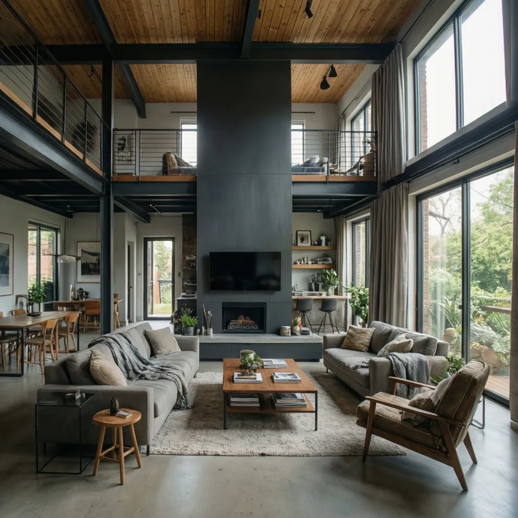 Interior de casa moderna con vigas metálicas visibles