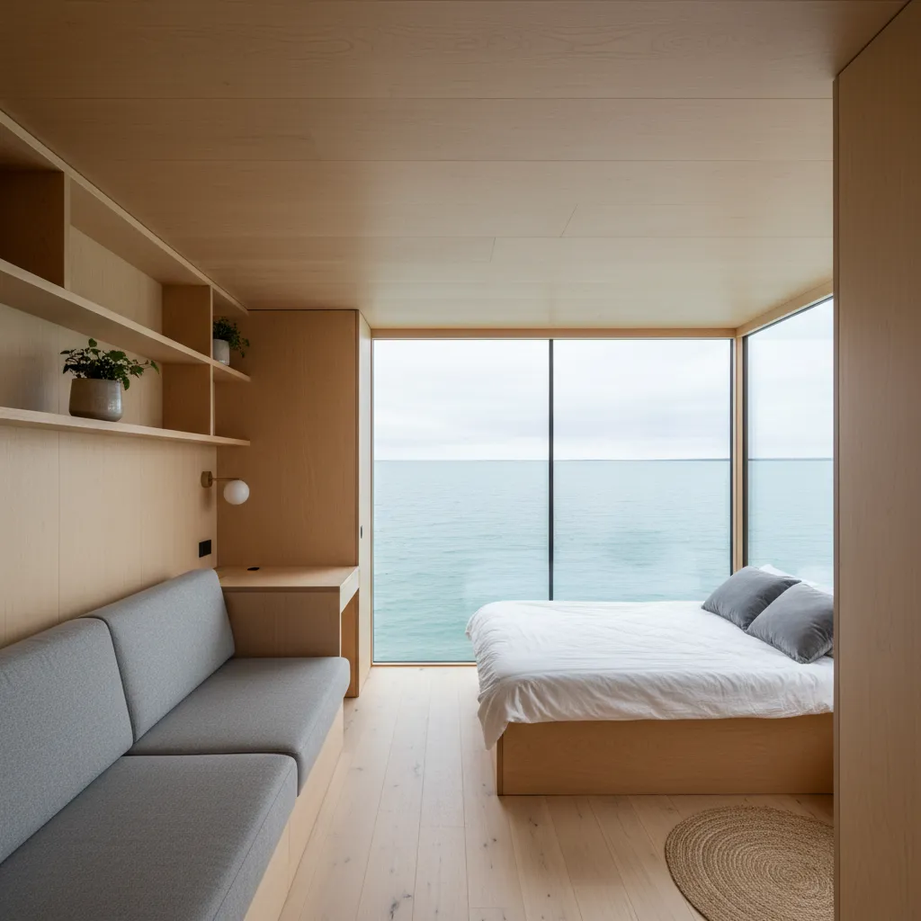 Interior compacto de una casa flotante con mobiliario integrado