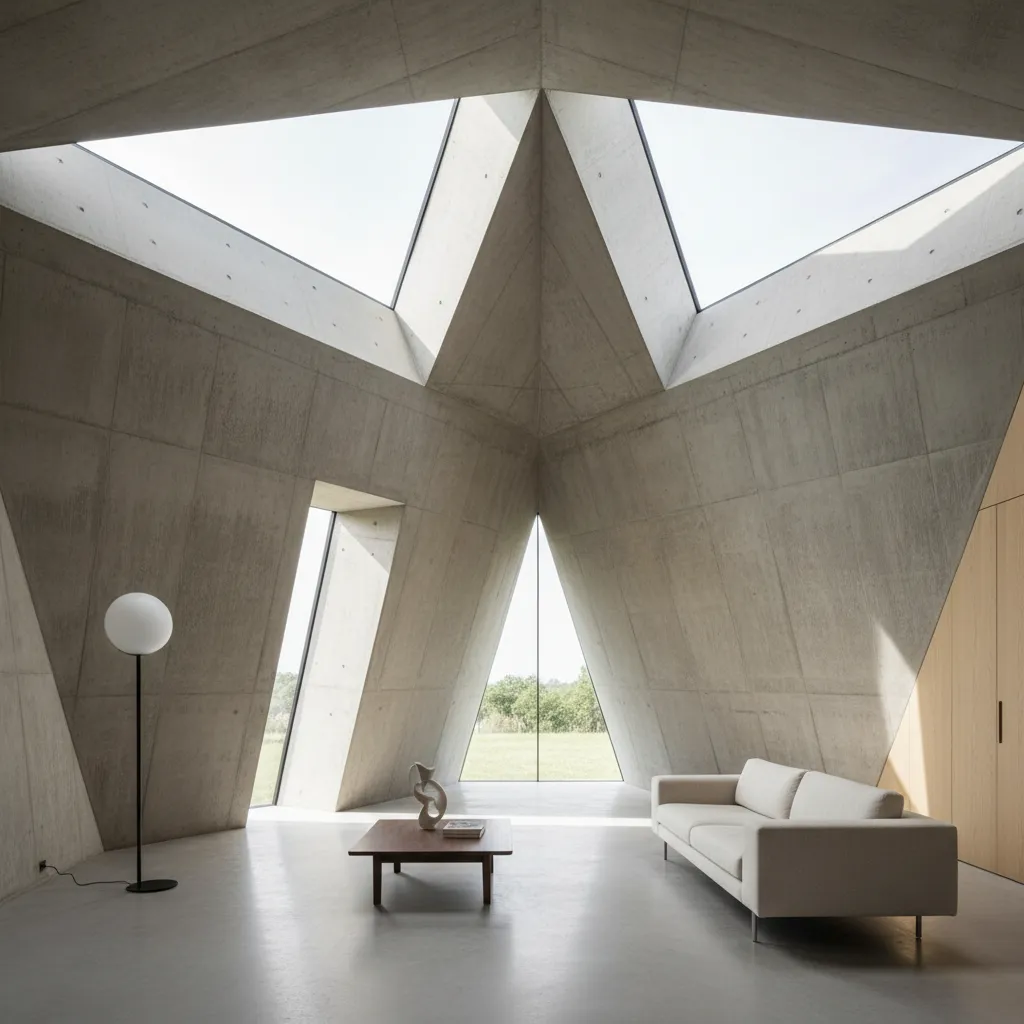 Interior de casa con paredes inclinadas y geometría irregular