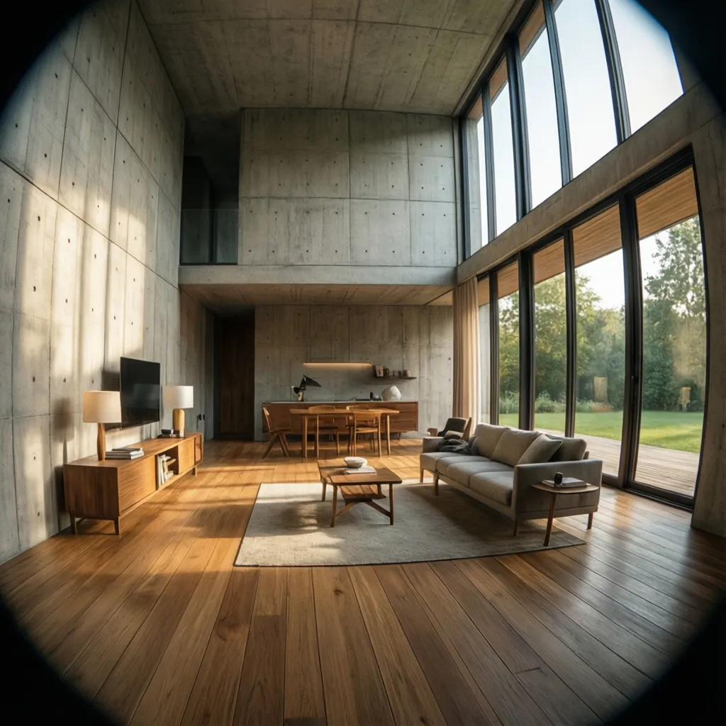 Modern living room with concrete walls wooden floor grey sofa coffee table and large glass windows