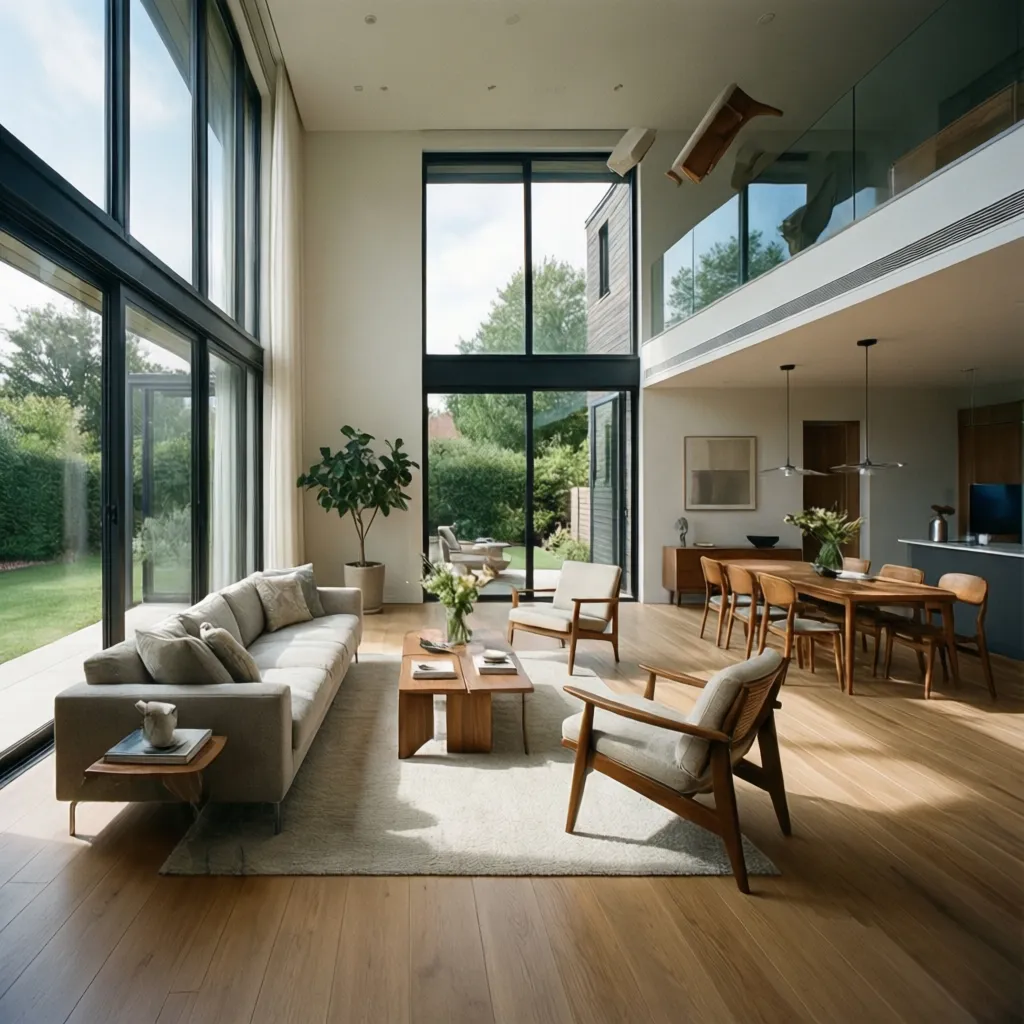Interior de casa con grandes ventanas y luz natural