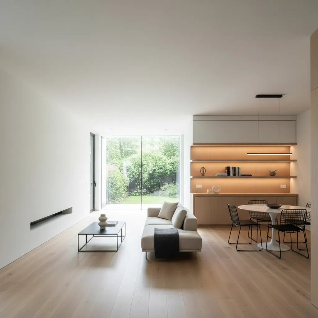 Interior de casa alargada con sala y comedor conectados en un espacio abierto