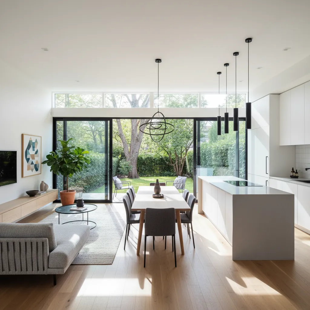 Interior de sala comedor integrado en una casa construida en terreno estrecho