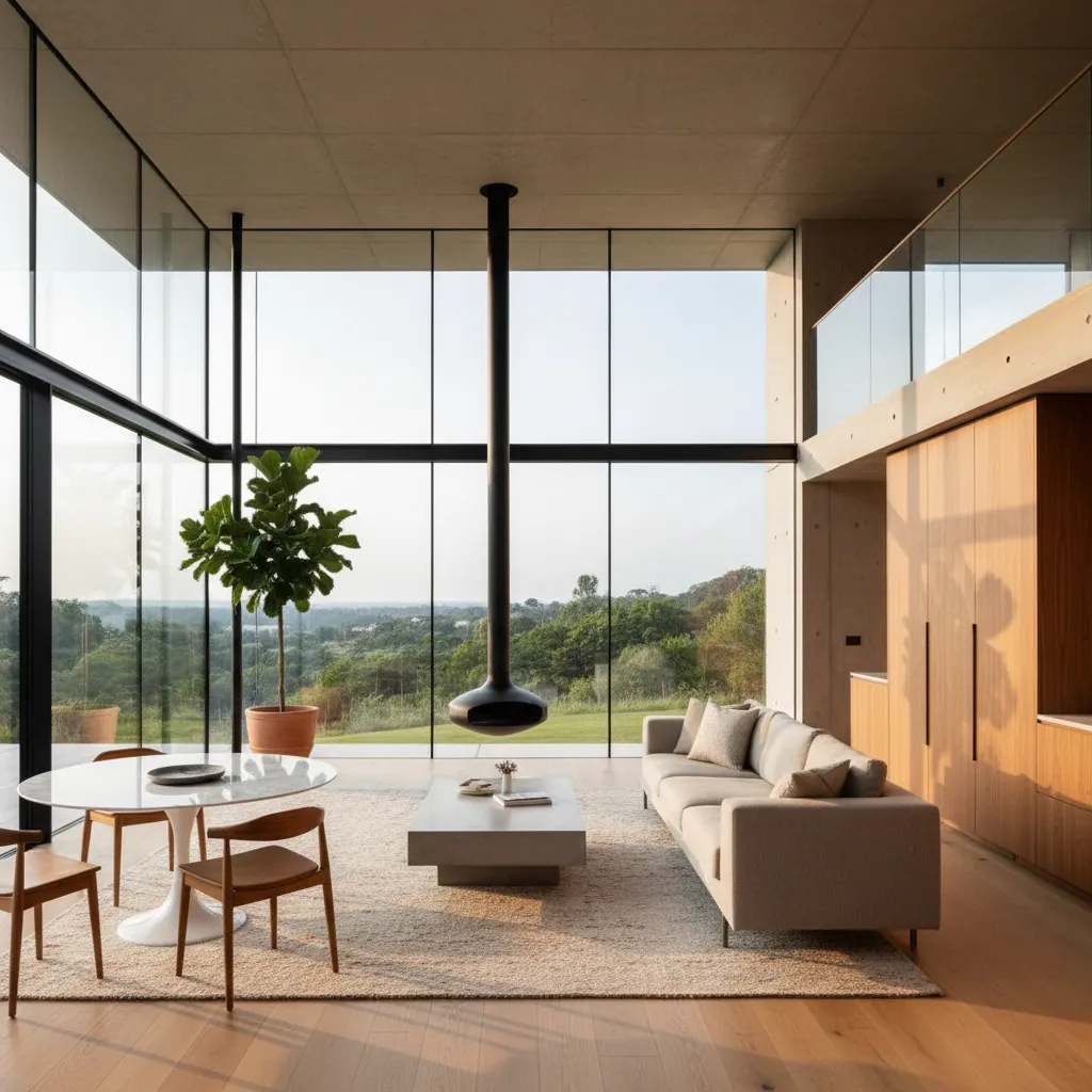 Modern living room with glass windows hanging fireplace grey sofa wooden floor and dining furniture