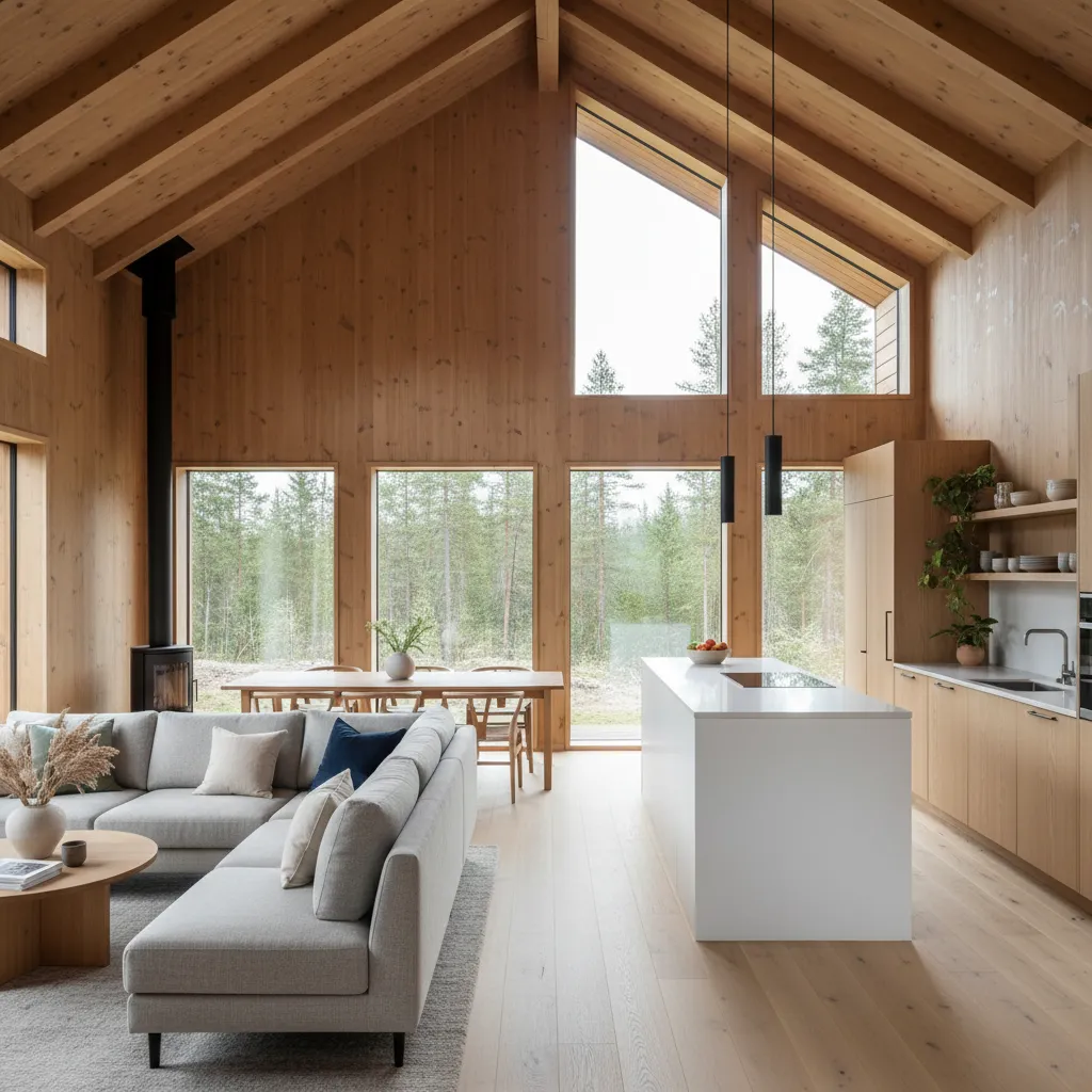 Interior de casa de madera con planta abierta y mucha luz natural