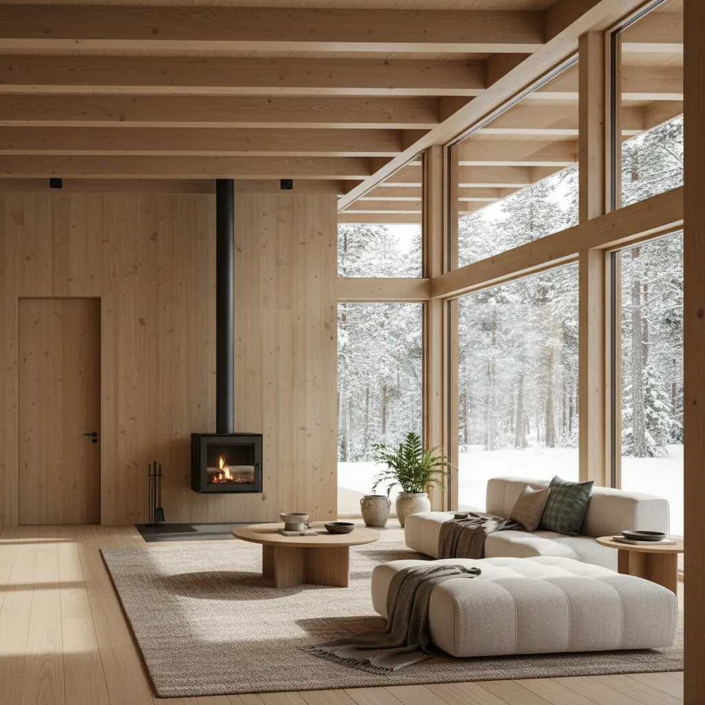 Interior de salón moderno en casa de madera con estilo minimalista
