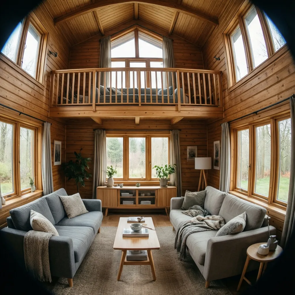 Interior de casa de madera de dos pisos con sala amplia y techo alto